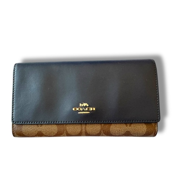 Coach Handbags - Coach Slim Navy Trifold Wallet in Leather & Canvas